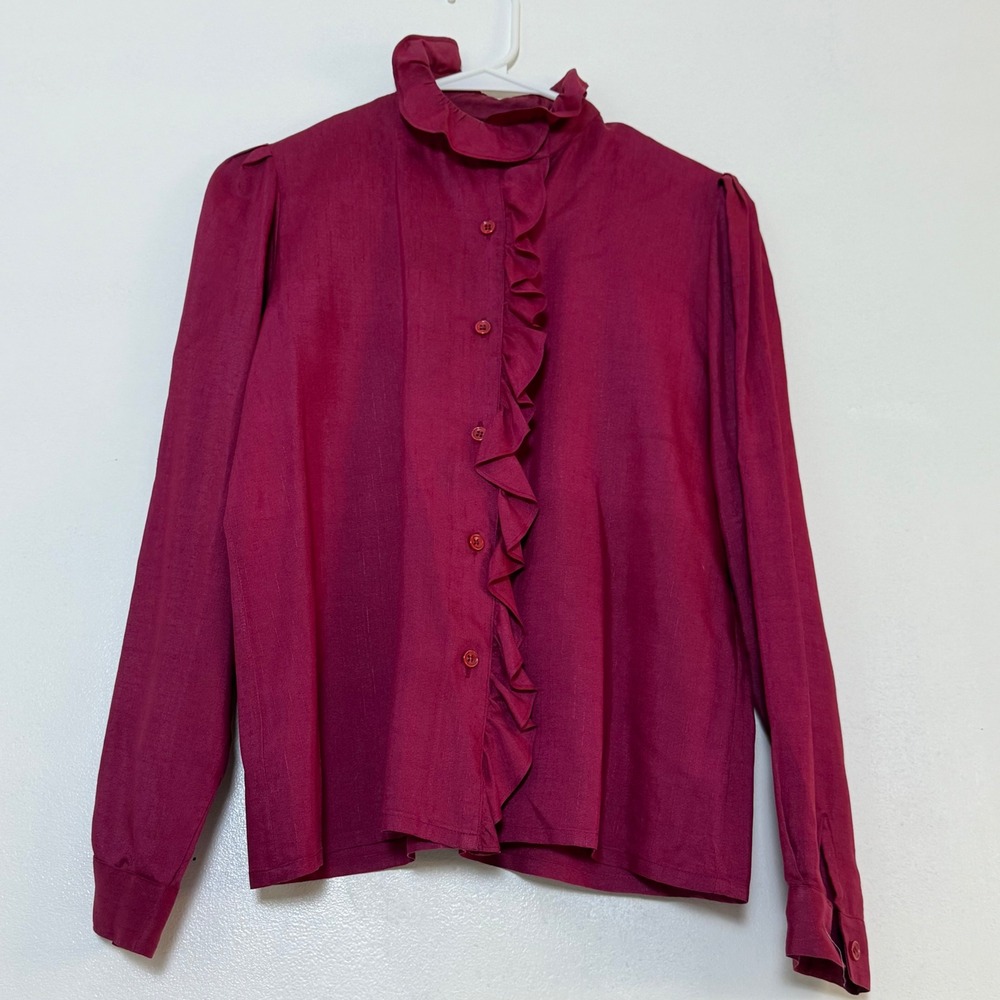 Vintage Carry Back LTD 100% Silk Ruffle Blouse Mock Neck Long Sleeve Top Sz 3/4